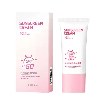 Premium private label brightening facial sunscreen SPF 50+ PA+++ manufacturer. Lightweight whitening cream with niacinamide, no white cast, low MOQ, full customization. ISO 22716 GMP & FDA registered facility. Order custom SPF 50+ sunscreen now.